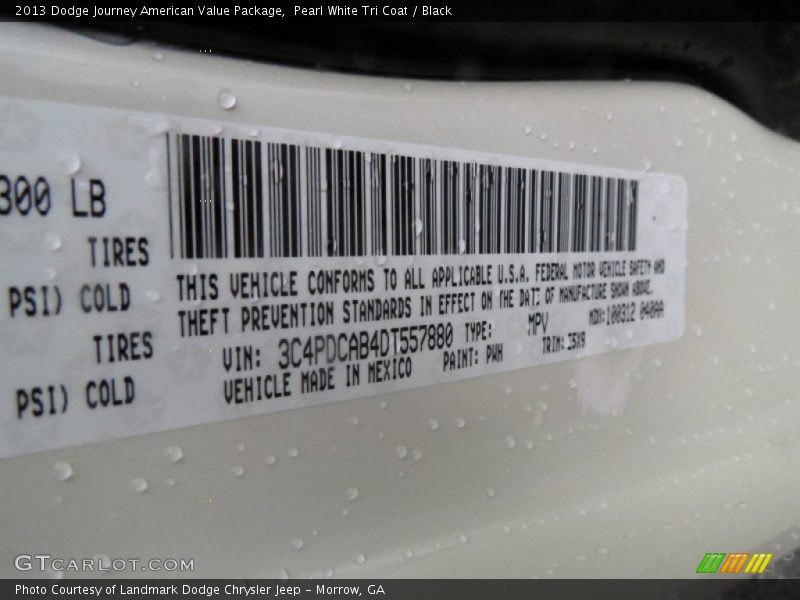 Pearl White Tri Coat / Black 2013 Dodge Journey American Value Package