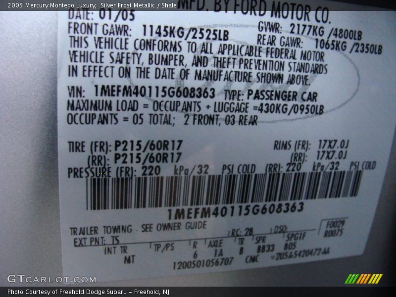 Silver Frost Metallic / Shale 2005 Mercury Montego Luxury