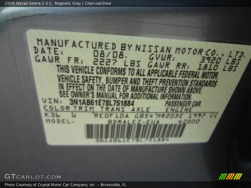 Magnetic Gray / Charcoal/Steel 2008 Nissan Sentra 2.0 S