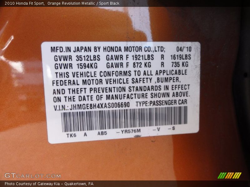 2010 Fit Sport Orange Revolution Metallic Color Code YR576M