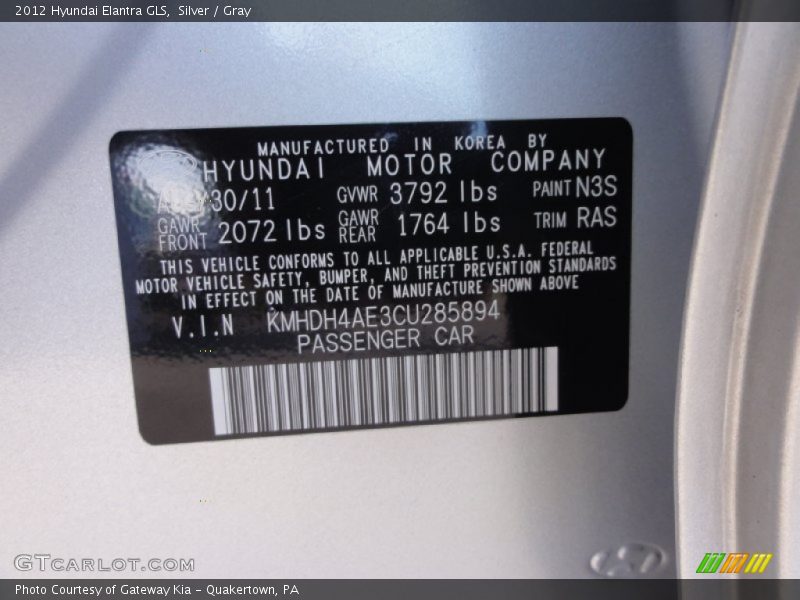 Silver / Gray 2012 Hyundai Elantra GLS