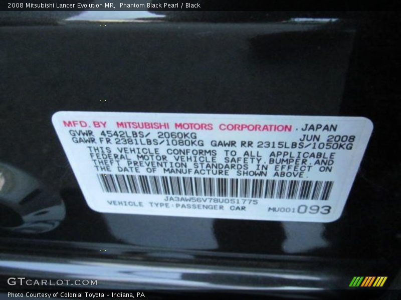 Info Tag of 2008 Lancer Evolution MR