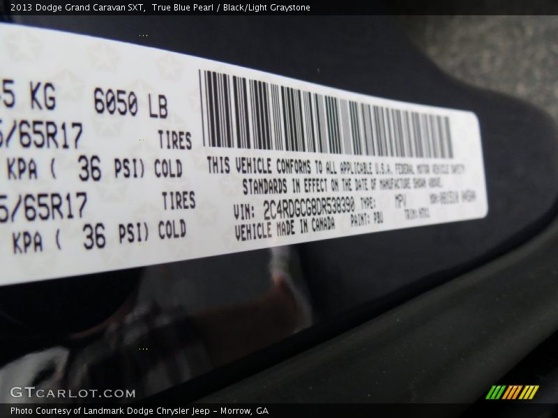 2013 Grand Caravan SXT True Blue Pearl Color Code PBU