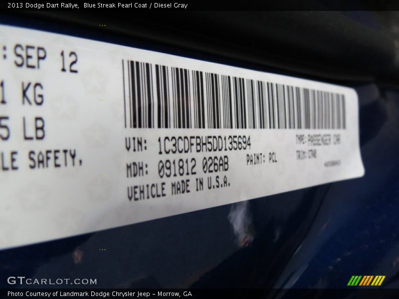 2013 Dart Rallye Blue Streak Pearl Coat Color Code PCL