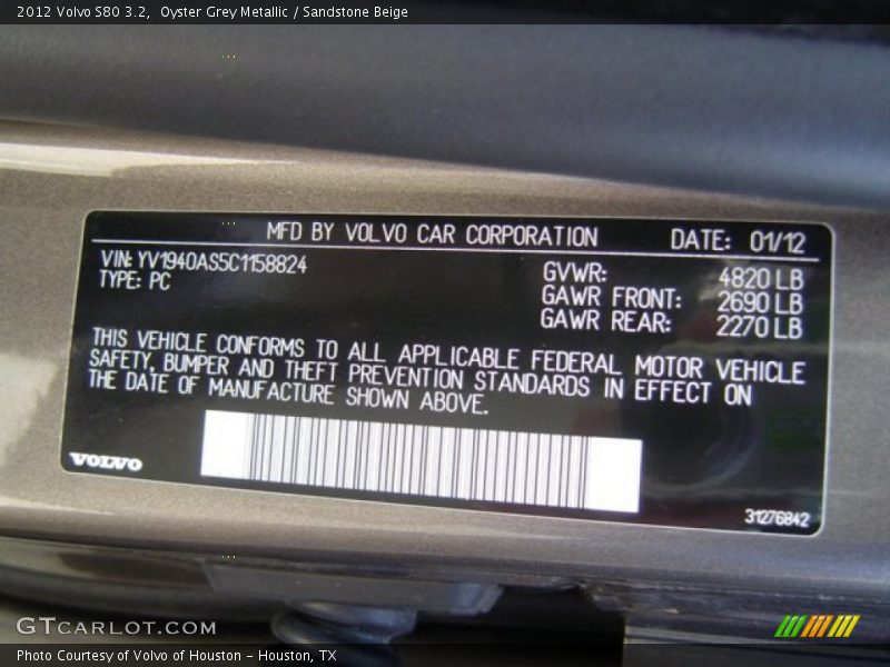 Oyster Grey Metallic / Sandstone Beige 2012 Volvo S80 3.2