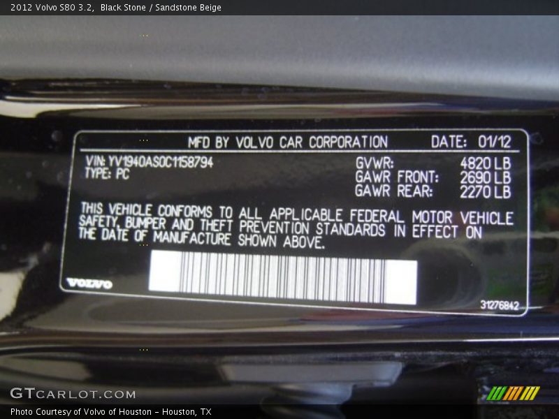 Black Stone / Sandstone Beige 2012 Volvo S80 3.2