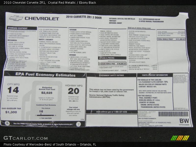  2010 Corvette ZR1 Window Sticker