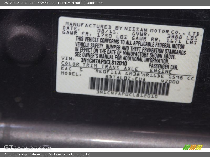 2012 Versa 1.6 SV Sedan Titanium Metallic Color Code KAC