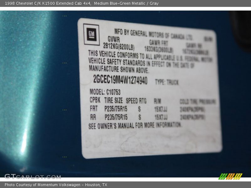 Medium Blue-Green Metallic / Gray 1998 Chevrolet C/K K1500 Extended Cab 4x4