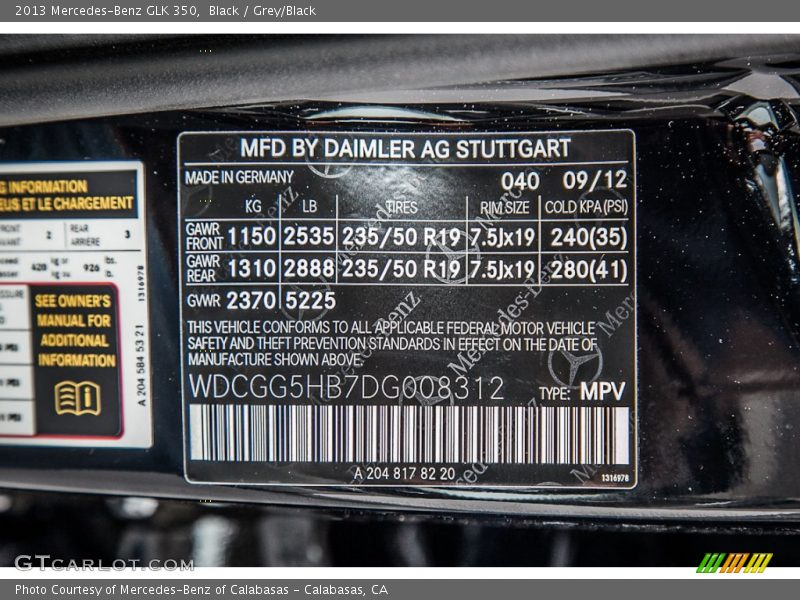 2013 GLK 350 Black Color Code 040