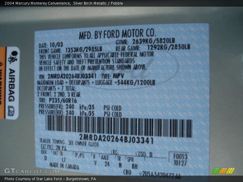 2004 Monterey Convenience Silver Birch Metallic Color Code 2N