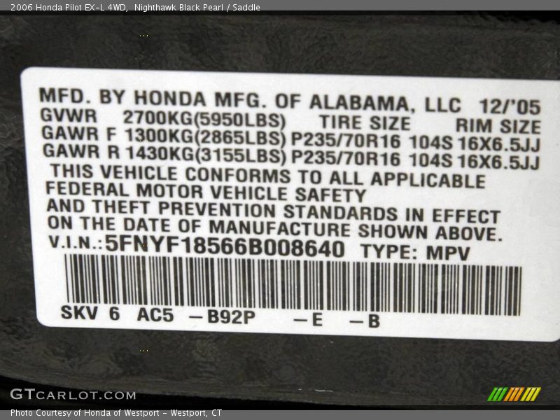 Nighthawk Black Pearl / Saddle 2006 Honda Pilot EX-L 4WD