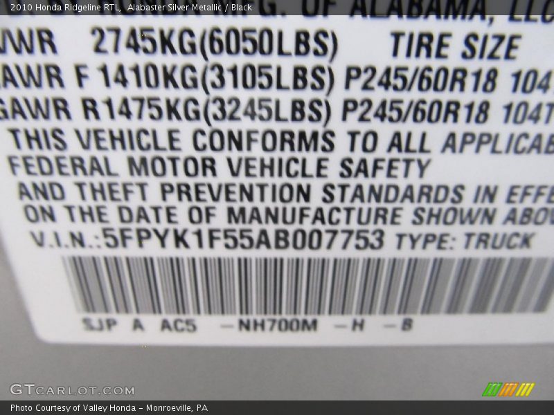 Alabaster Silver Metallic / Black 2010 Honda Ridgeline RTL