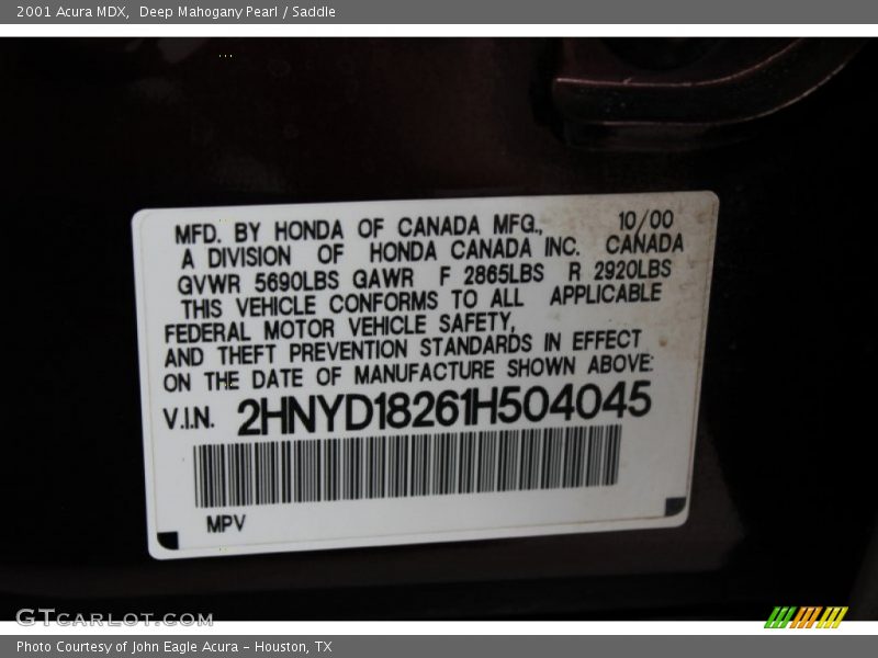 Deep Mahogany Pearl / Saddle 2001 Acura MDX