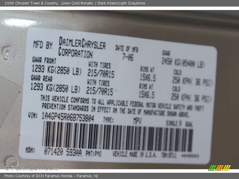 Linen Gold Metallic / Dark Khaki/Light Graystone 2006 Chrysler Town & Country