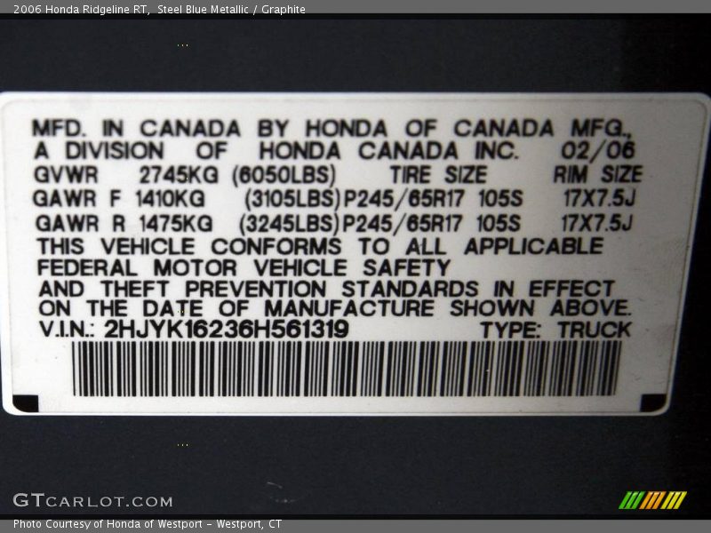 Steel Blue Metallic / Graphite 2006 Honda Ridgeline RT