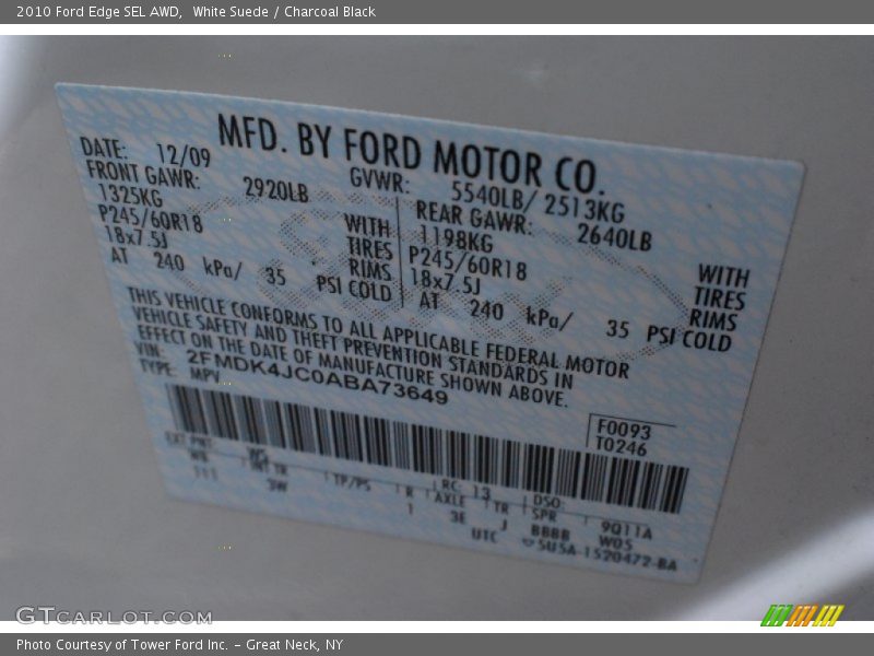 White Suede / Charcoal Black 2010 Ford Edge SEL AWD
