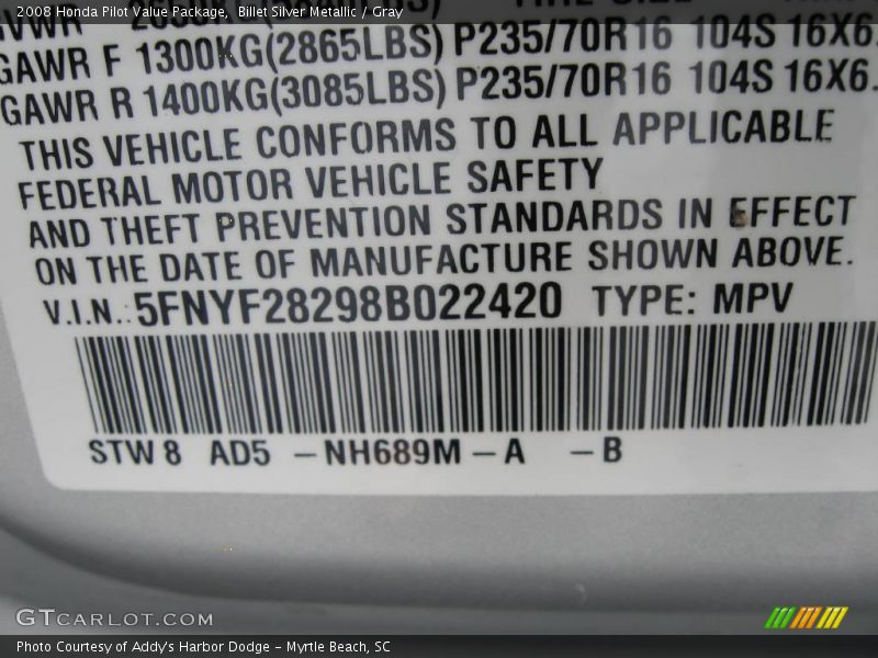 Billet Silver Metallic / Gray 2008 Honda Pilot Value Package