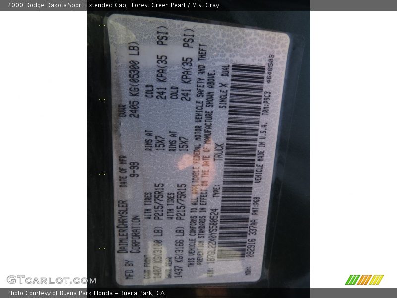 Forest Green Pearl / Mist Gray 2000 Dodge Dakota Sport Extended Cab