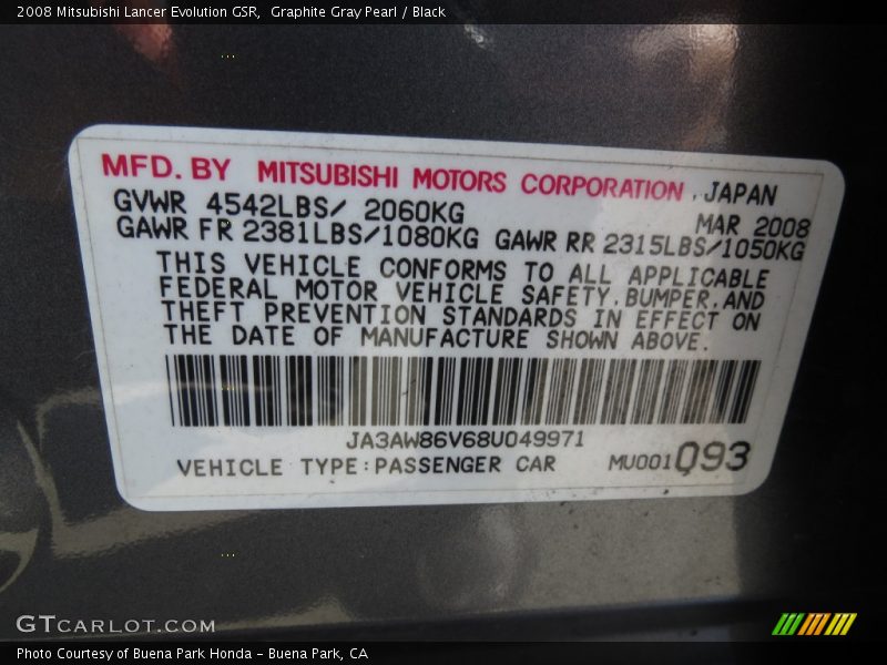 Graphite Gray Pearl / Black 2008 Mitsubishi Lancer Evolution GSR