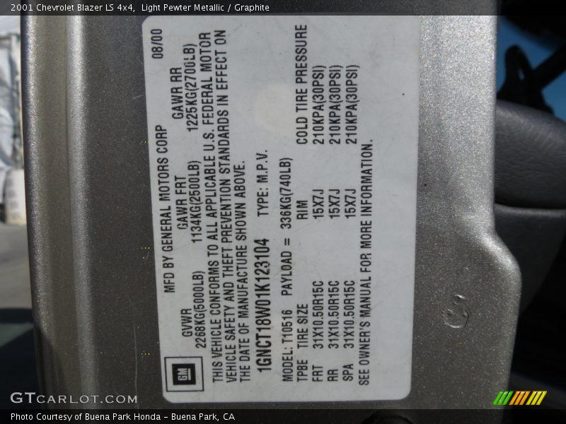 Info Tag of 2001 Blazer LS 4x4