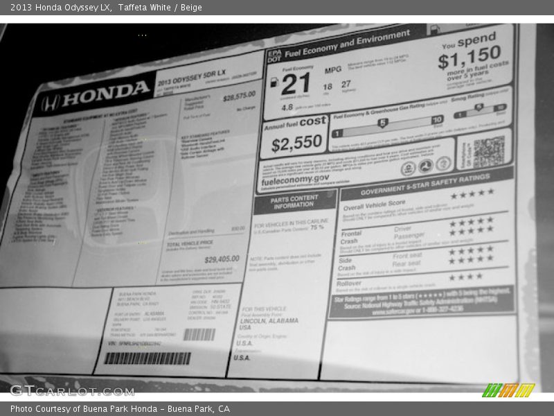 Taffeta White / Beige 2013 Honda Odyssey LX