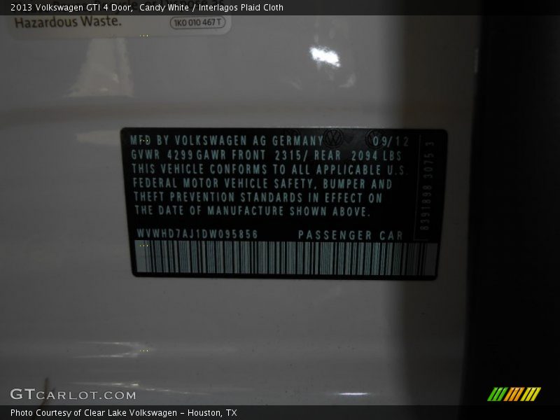Candy White / Interlagos Plaid Cloth 2013 Volkswagen GTI 4 Door