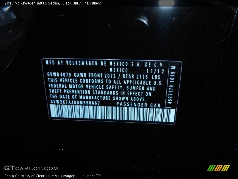 Black Uni / Titan Black 2013 Volkswagen Jetta S Sedan