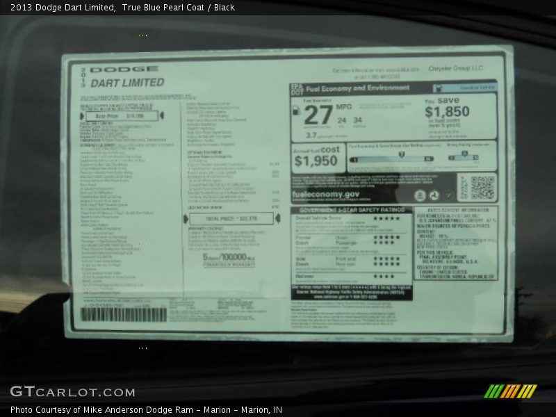 True Blue Pearl Coat / Black 2013 Dodge Dart Limited