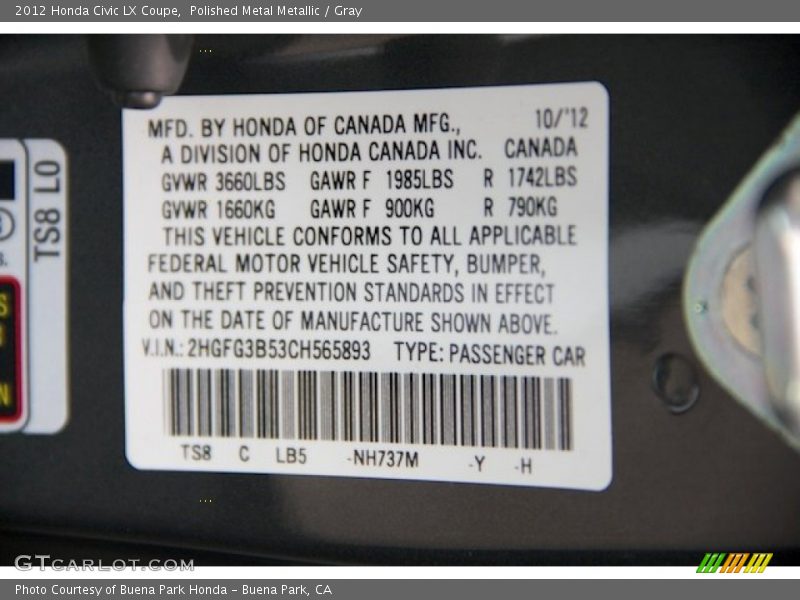 Polished Metal Metallic / Gray 2012 Honda Civic LX Coupe