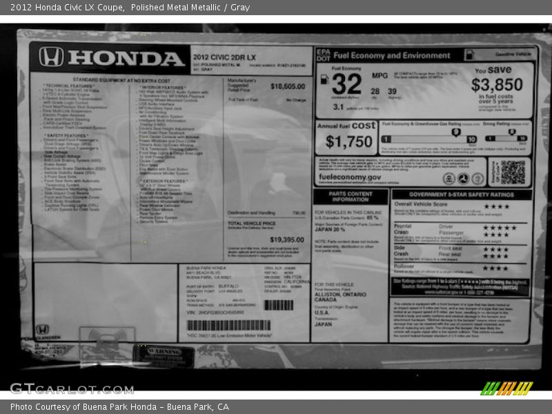 Polished Metal Metallic / Gray 2012 Honda Civic LX Coupe