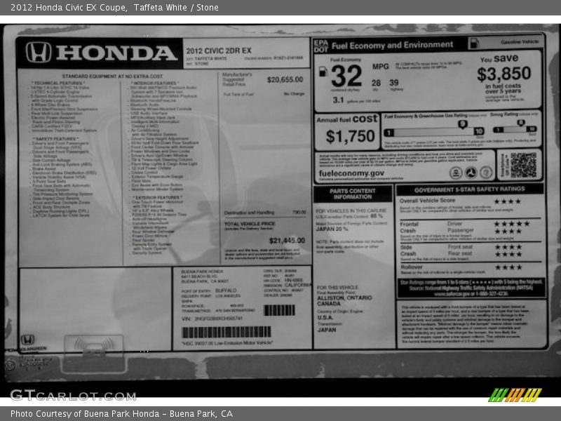 Taffeta White / Stone 2012 Honda Civic EX Coupe