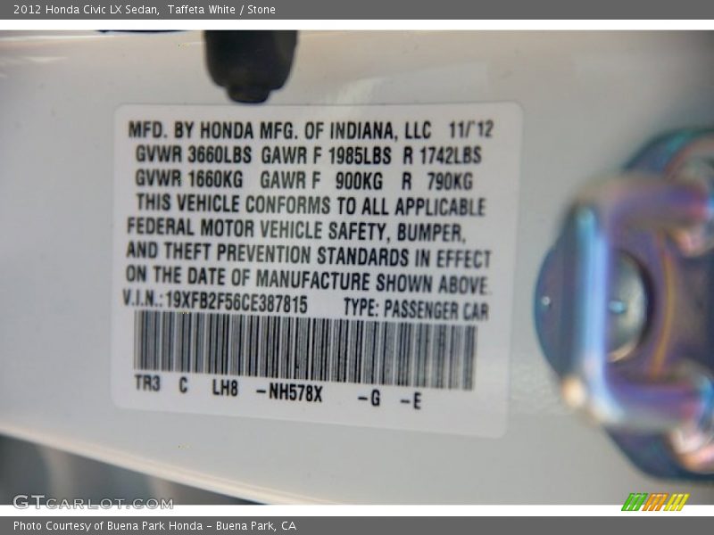 Taffeta White / Stone 2012 Honda Civic LX Sedan