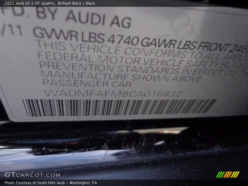 Brilliant Black / Black 2012 Audi A3 2.0T quattro