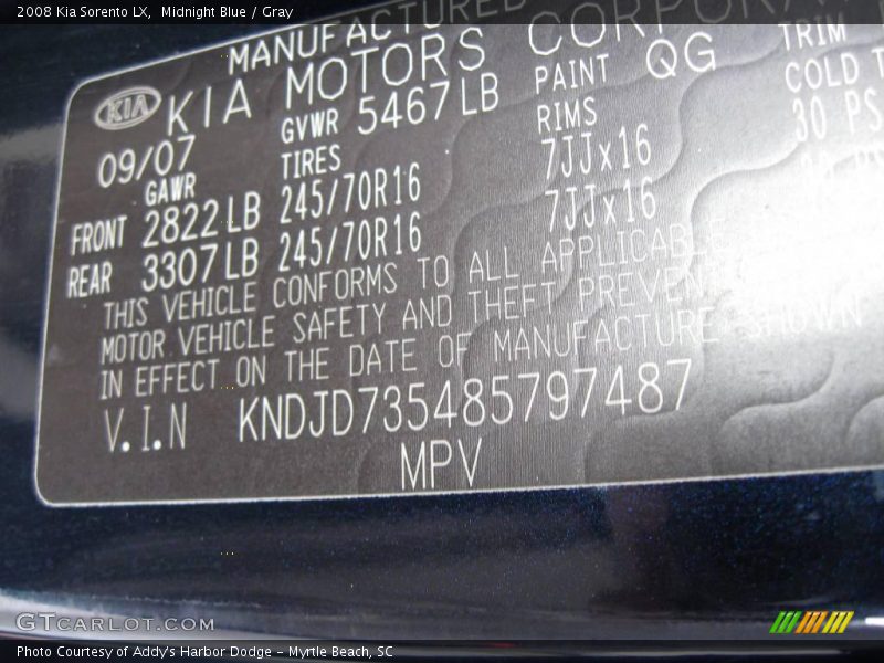 Midnight Blue / Gray 2008 Kia Sorento LX