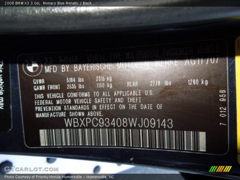 Monaco Blue Metallic / Black 2008 BMW X3 3.0si
