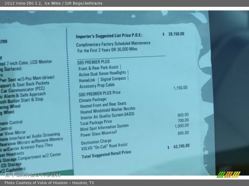  2013 S80 3.2 Window Sticker