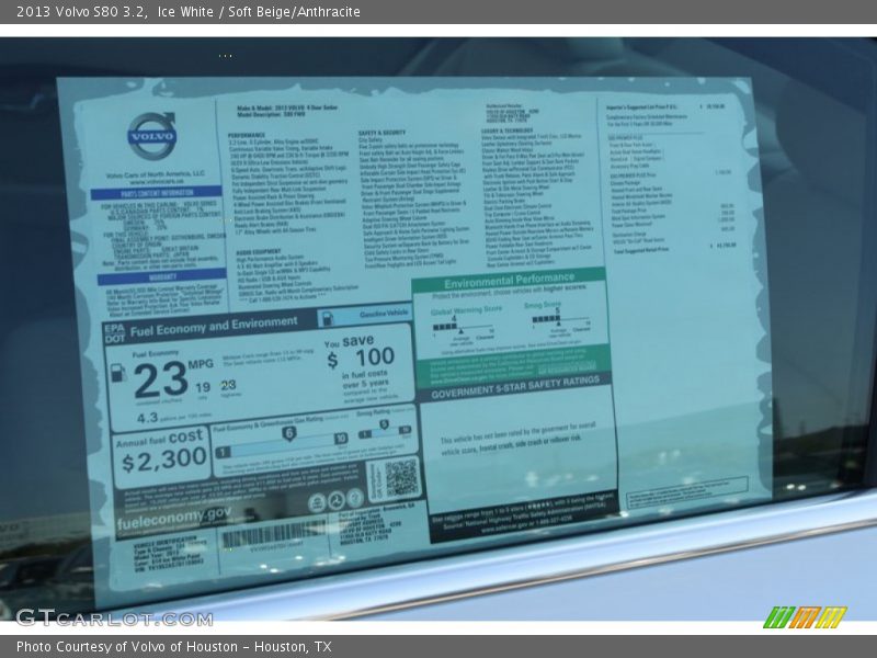  2013 S80 3.2 Window Sticker