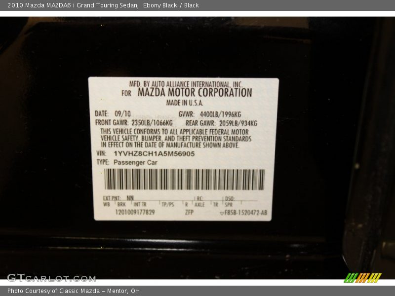 Ebony Black / Black 2010 Mazda MAZDA6 i Grand Touring Sedan