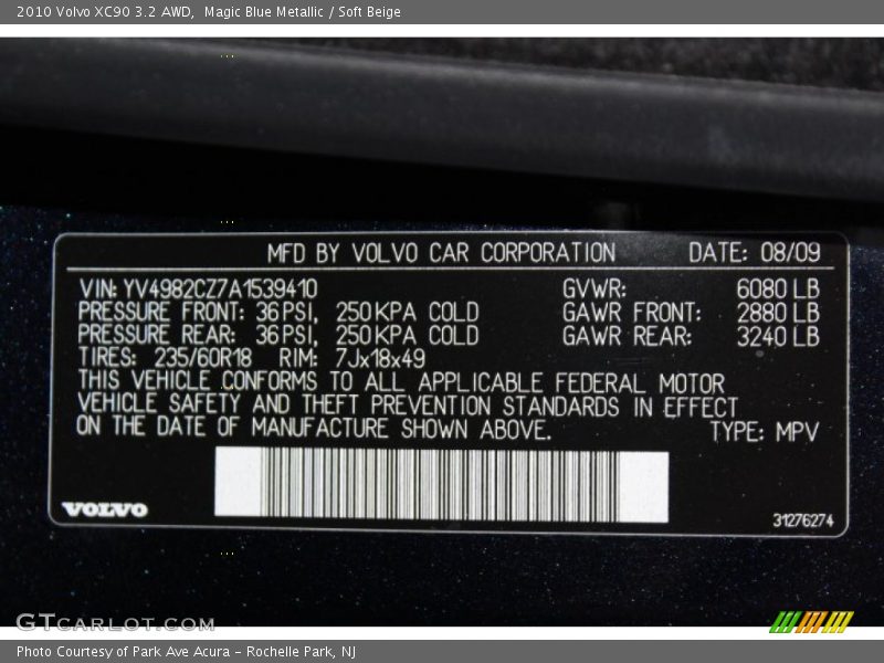 Magic Blue Metallic / Soft Beige 2010 Volvo XC90 3.2 AWD