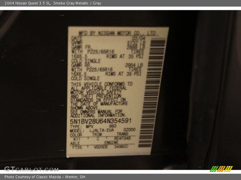 Smoke Gray Metallic / Gray 2004 Nissan Quest 3.5 SL