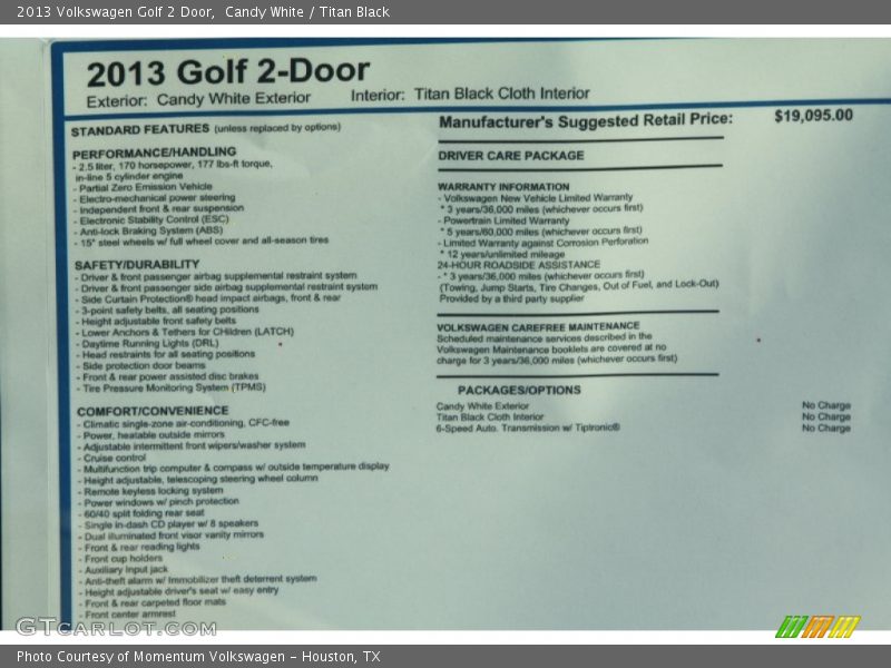 Candy White / Titan Black 2013 Volkswagen Golf 2 Door