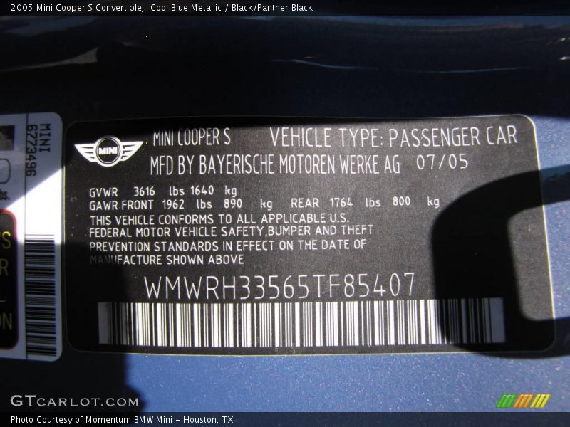 Cool Blue Metallic / Black/Panther Black 2005 Mini Cooper S Convertible