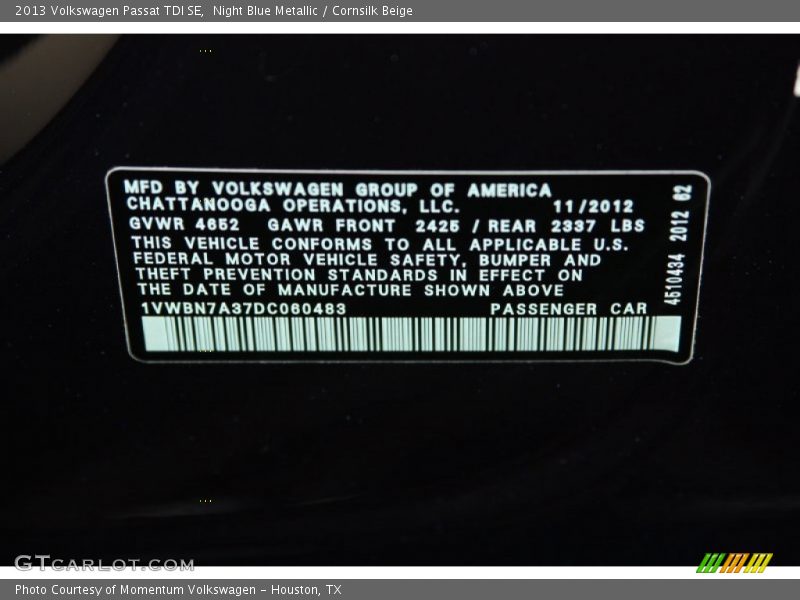 Night Blue Metallic / Cornsilk Beige 2013 Volkswagen Passat TDI SE