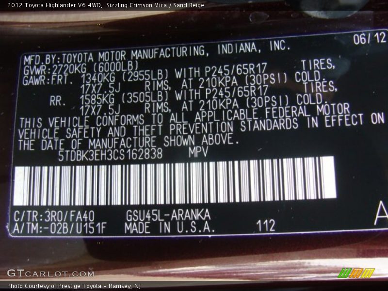 Sizzling Crimson Mica / Sand Beige 2012 Toyota Highlander V6 4WD