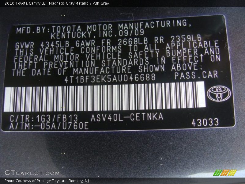 Magnetic Gray Metallic / Ash Gray 2010 Toyota Camry LE
