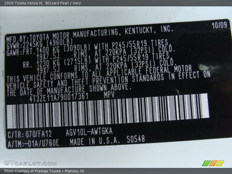 Blizzard Pearl / Ivory 2009 Toyota Venza I4