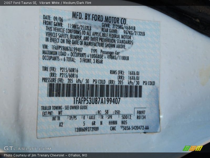 Vibrant White / Medium/Dark Flint 2007 Ford Taurus SE
