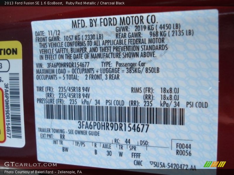 2013 Fusion SE 1.6 EcoBoost Ruby Red Metallic Color Code RR