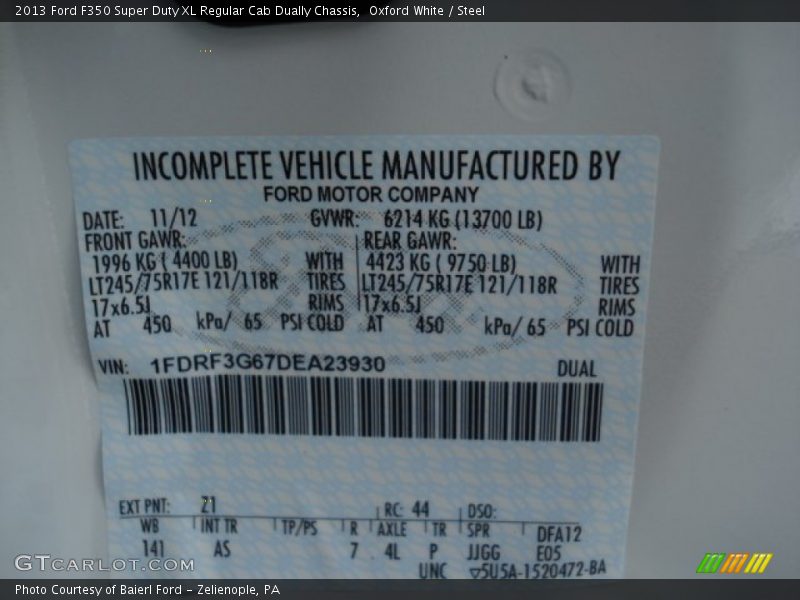 2013 F350 Super Duty XL Regular Cab Dually Chassis Oxford White Color Code Z1